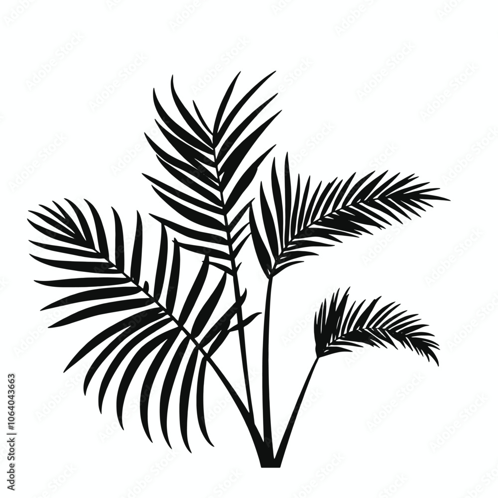 a black and white illustration of three palm leaves. a black and white illustration of three palm leaves.
