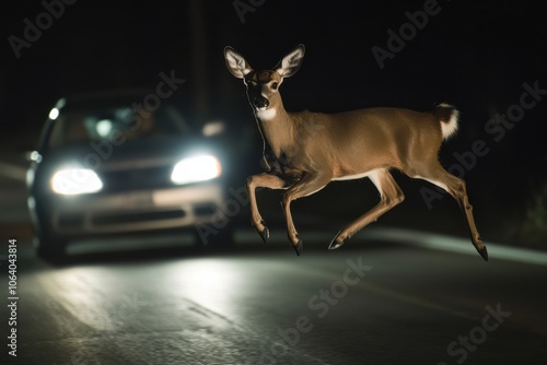 A deer crossing a road at night, illuminated by car headlights, representing wildlife encounters and road safety awareness. photo