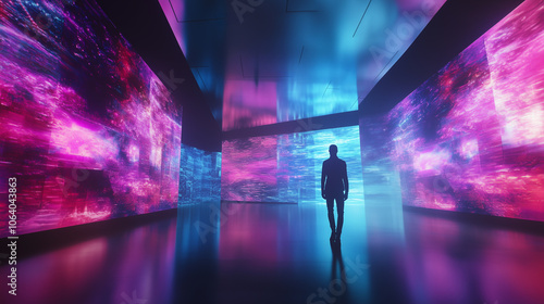 テクノロジーやAIの進化を感じさせるインタラクティブな体験空間を歩く人物