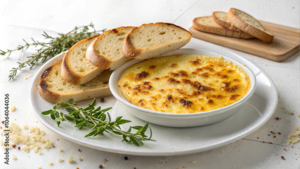 Cheesy baked dip with toasted baguette slices and herbs Cheesy baked dip with toasted baguette slices and herbs