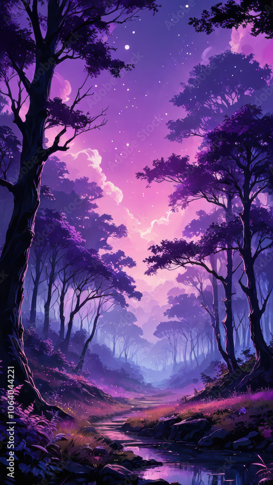Obraz premium Fantasy Night Forest Path with a Vibrant Sky, fantasy phone wallpaper