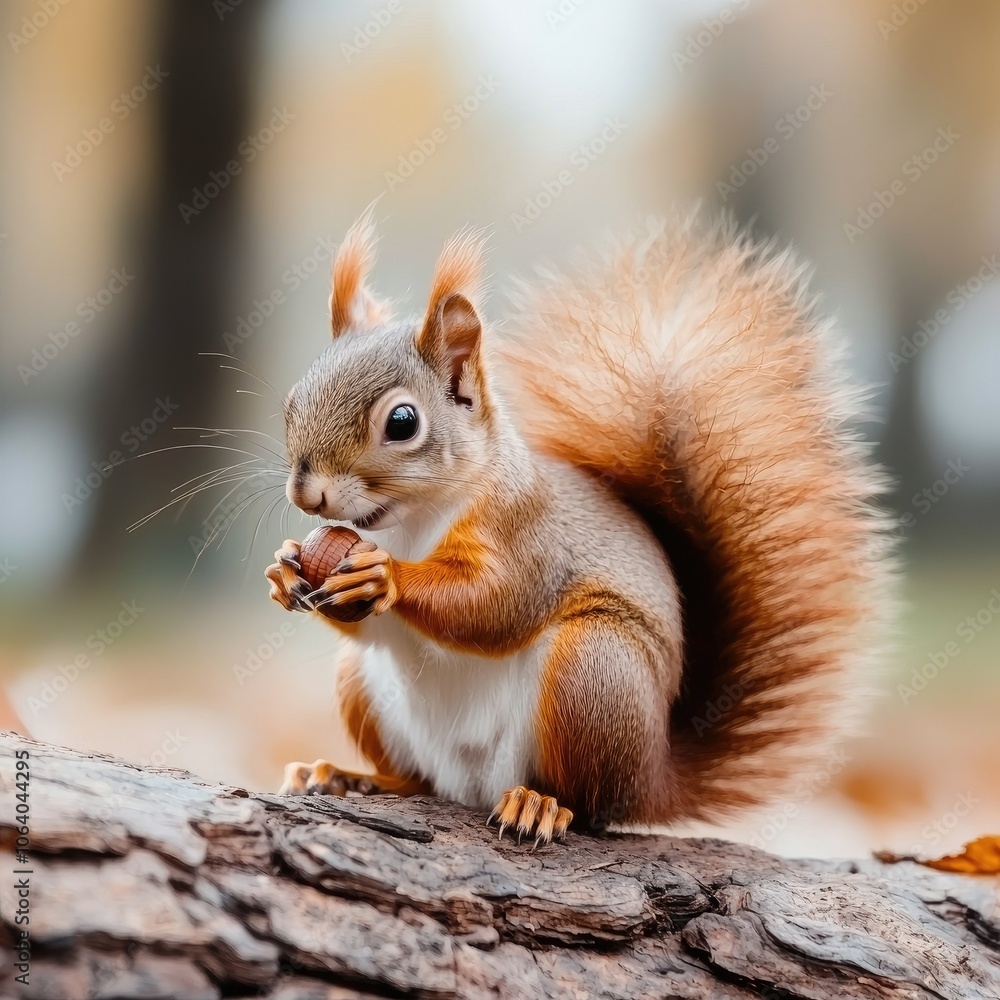 Playful Squirrel Eating Nut on Tree Log Playful Squirrel Eating Nut on Tree Log
