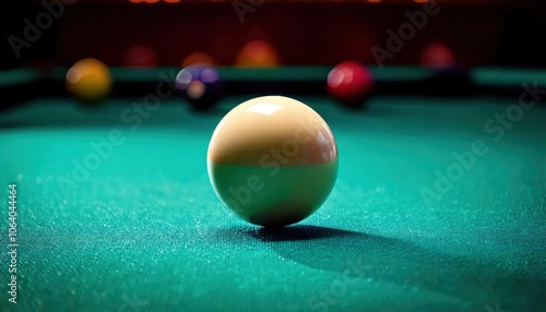 billiards pool table with cue ball and pool balls in background