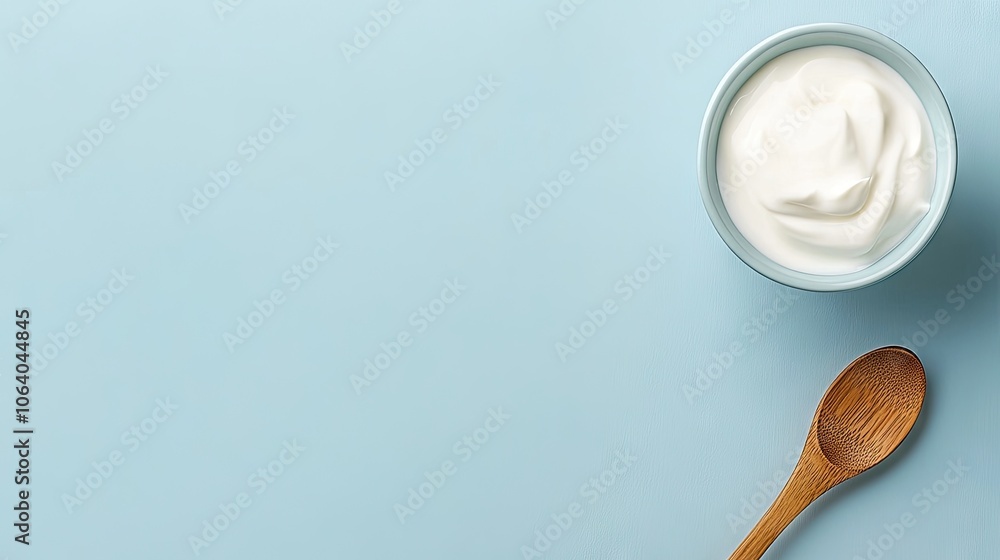 Creamy yogurt in a bowl with a wooden spoon against a serene blue backdrop perfect for minimalist aesthetics Creamy yogurt in a bowl with a wooden spoon against a serene blue backdrop perfect for minimalist aesthetics