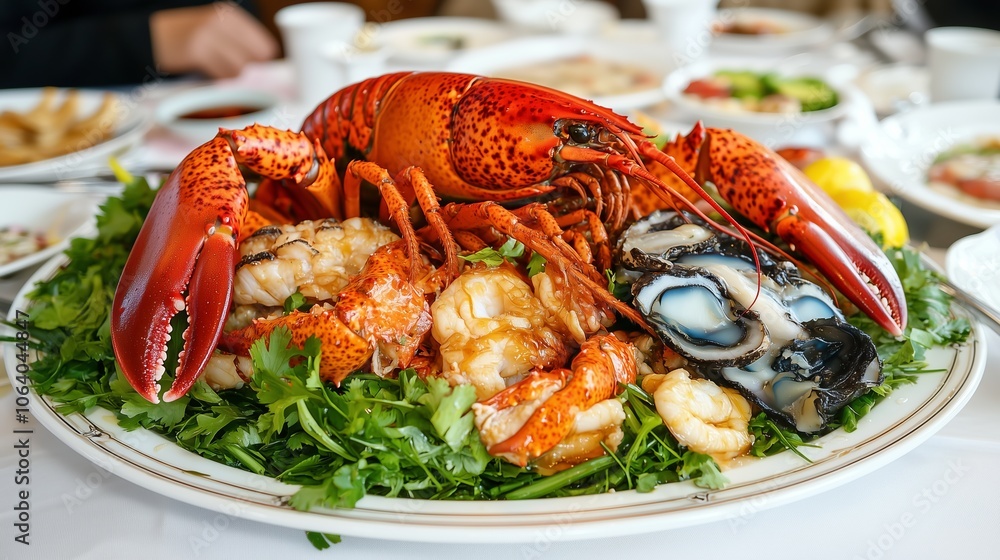 Lobster, oysters, and other seafood on a white plate with greens. Lobster, oysters, and other seafood on a white plate with greens.
