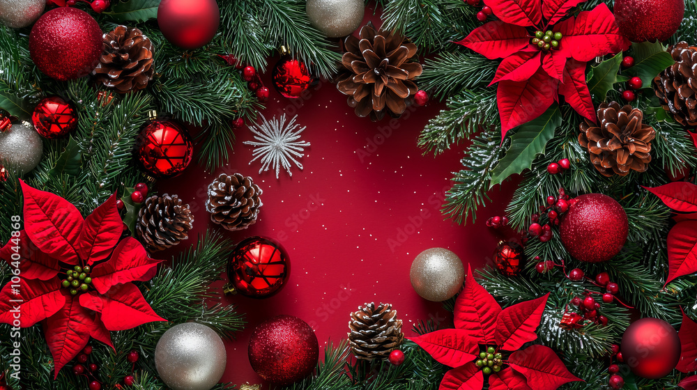 Red and silver ornaments, pine cones, and poinsettia flowers surround a red background.. Red and silver ornaments, pine cones, and poinsettia flowers surround a red background..