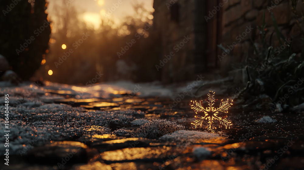 Golden snowflake on a stone path with snow and sunset.. Golden snowflake on a stone path with snow and sunset..