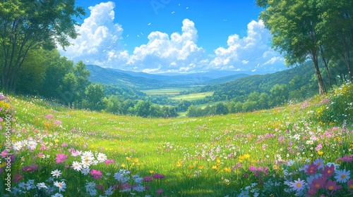 A vibrant meadow with blooming wildflowers and rolling hills in the background under a blue sky with fluffy clouds.