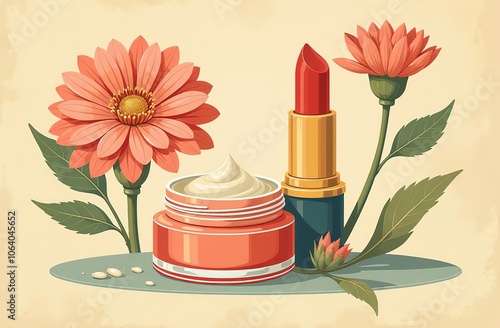 Vintage art picture with cosmetics items. Red lipstick open, face cream on wild flowers background