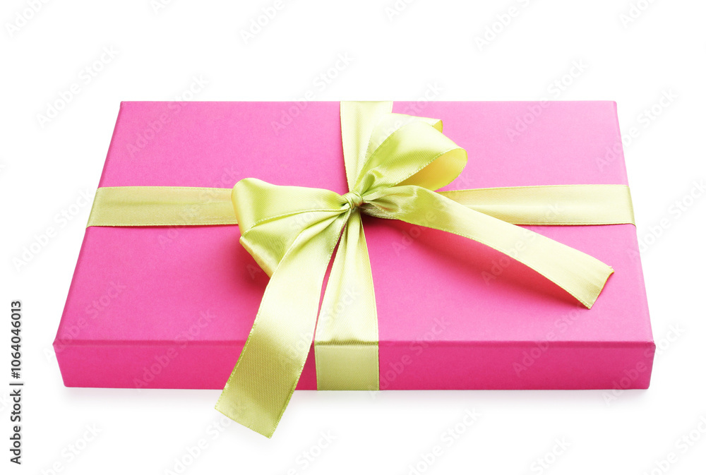 Beautiful pink gift box with bow isolated on white Beautiful pink gift box with bow isolated on white