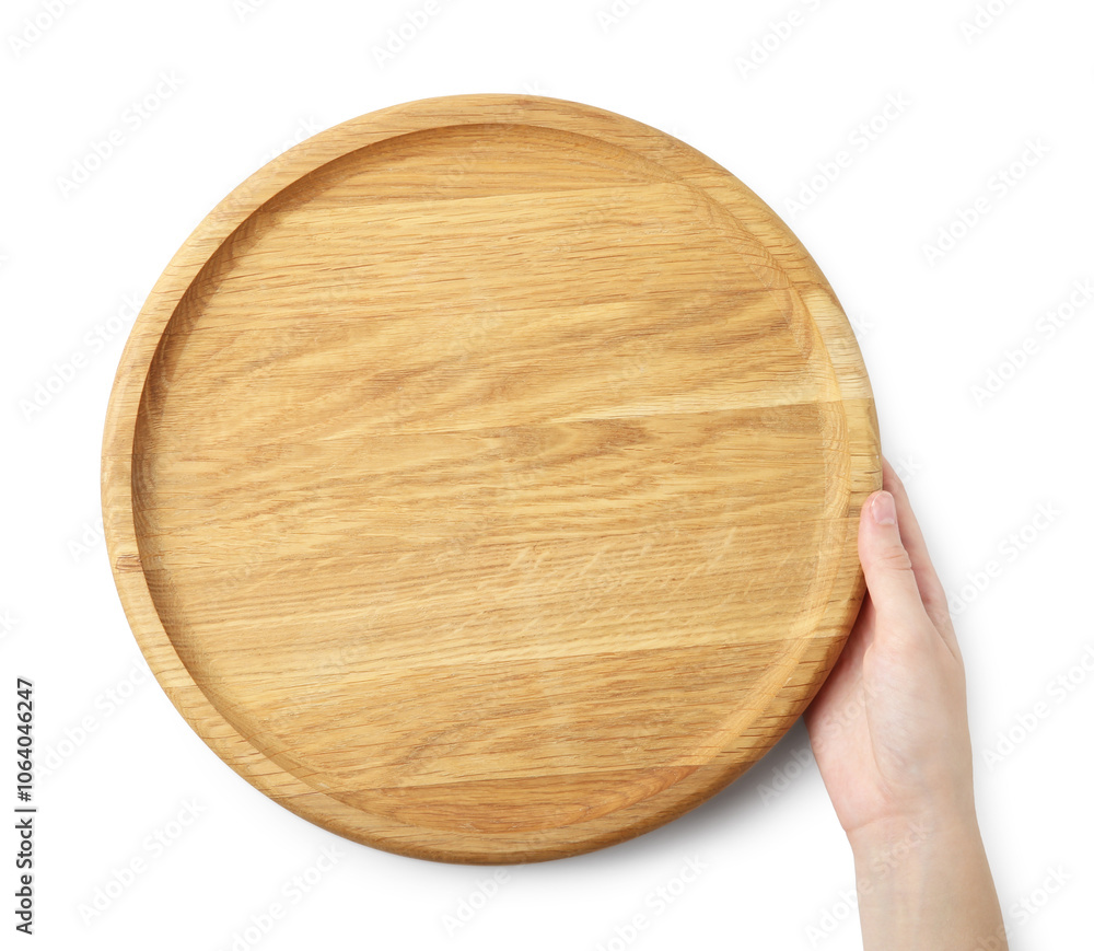 Woman holding wooden plate on white background, top view Woman holding wooden plate on white background, top view