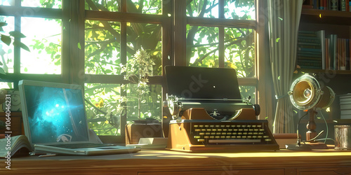 Techno-Renaissance: Ancient typewriter, modern laptop, and retro radio unite in a vintage office setting. photo