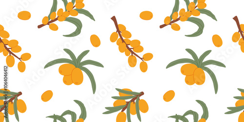 A seamless pattern featuring hand-drawn sea buckthorn branches with vibrant orange berries and green leaves on a white background. Ideal for natural product packaging, textiles, and botanical designs.