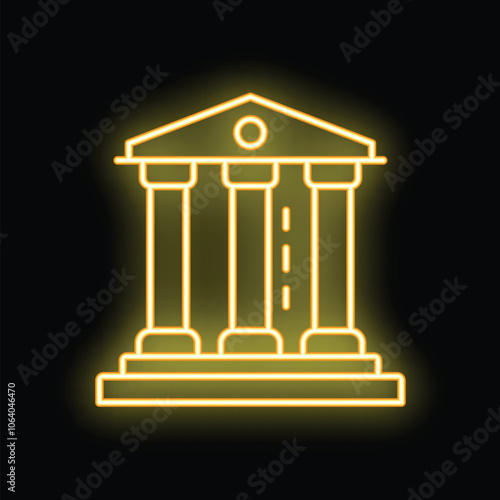 Glowing neon line icon of a bank or other official building with pillars in yellow neon style