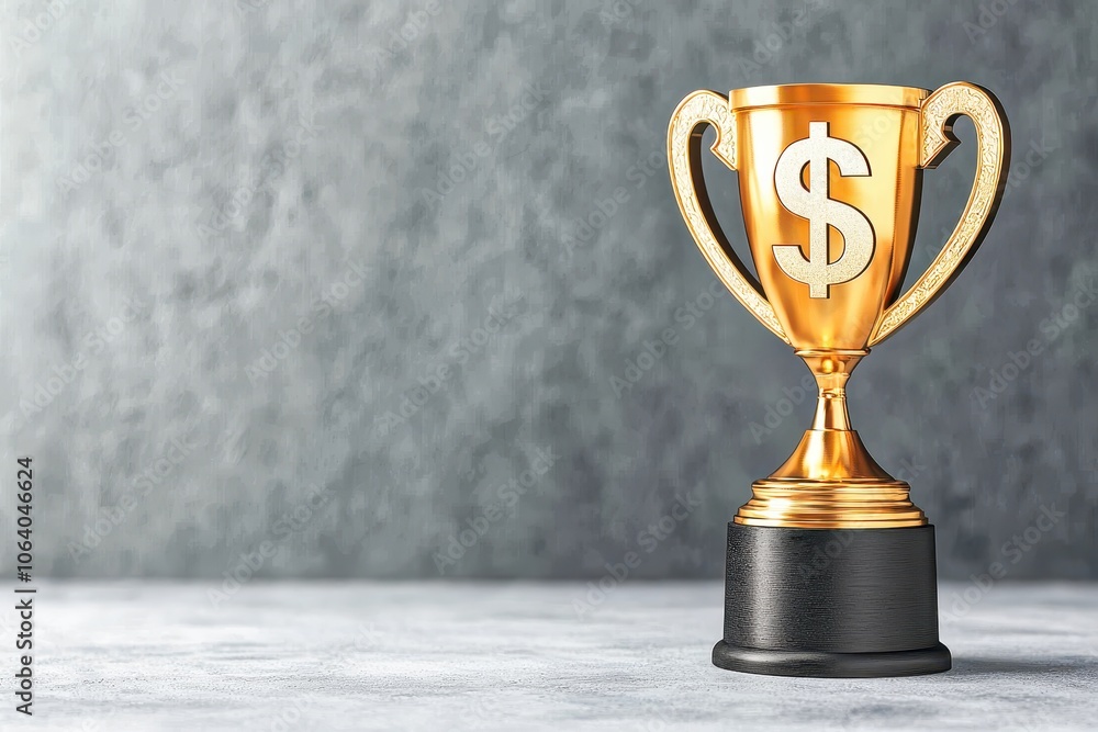 Businessman pointing at golden trophy with dollar sign: award for financial success Businessman pointing at golden trophy with dollar sign: award for financial success