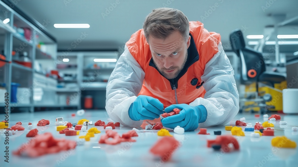 Focused researcher in protective gear analyzing colorful samples on laboratory floor with determined expression Focused researcher in protective gear analyzing colorful samples on laboratory floor with determined expression