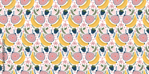 Lively seamless pattern adorned with bananas, figs, blackberries, white strawberries, pink flowers, and green leaves. Crafted in a contemporary, organic vector style with flat colors, exuding a