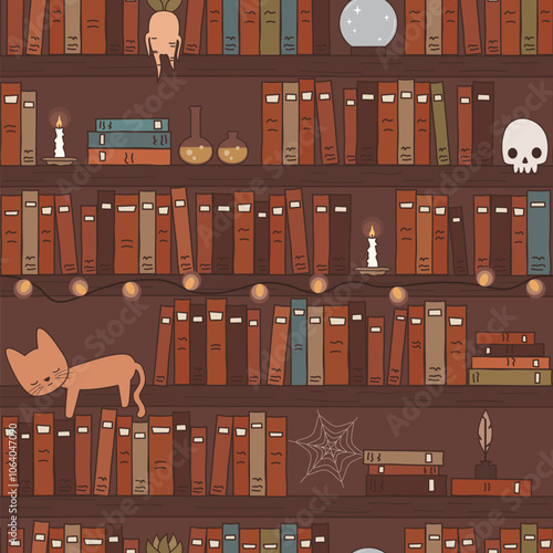 Cute hand drawn seamless vector pattern background illustration with vintage cartoon cosy bookshelves with books, cat, candles, skull, potion, crystal ball and mandrake plant