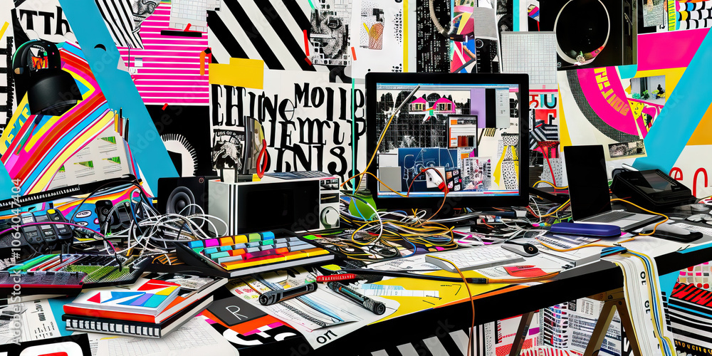 A cluttered desk with a tangled web of cords, scattered papers, and various electronics. A cluttered desk with a tangled web of cords, scattered papers, and various electronics.