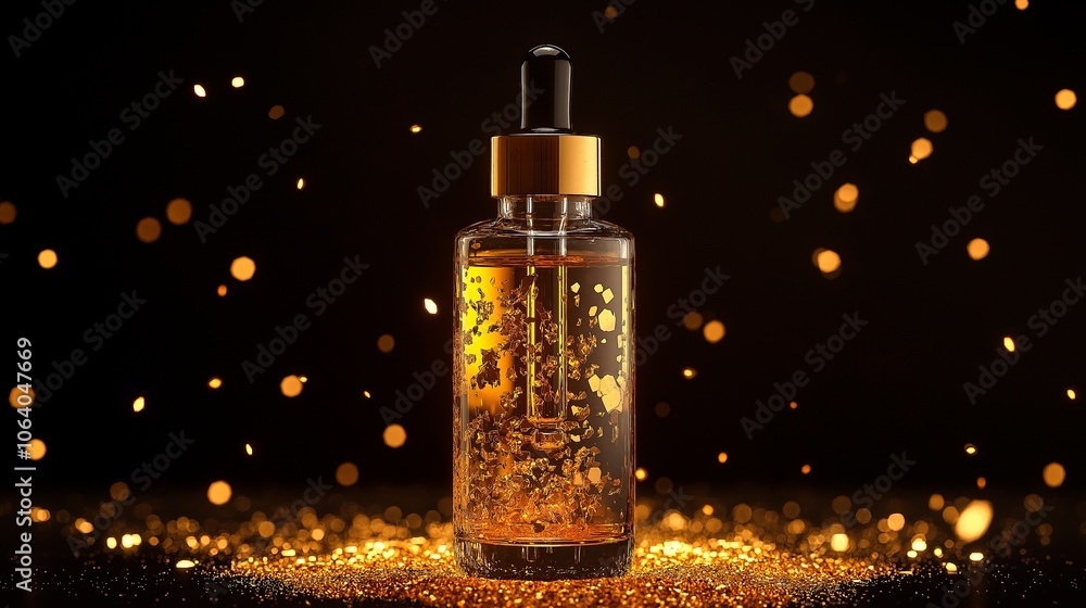 golden serum in glass bottle with golden dropper on dark background golden serum in glass bottle with golden dropper on dark background