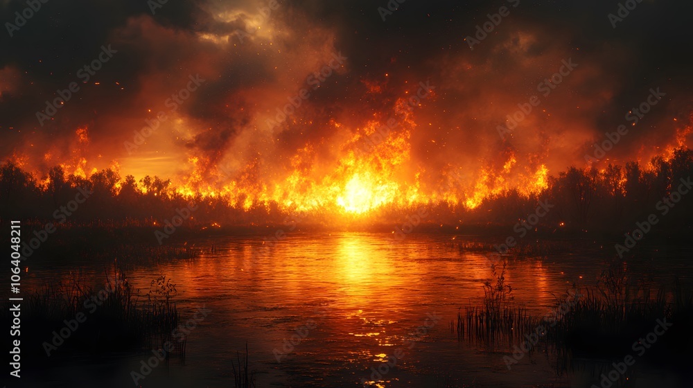 dramatic wildfire reflected in a tranquil lake at sunset dramatic wildfire reflected in a tranquil lake at sunset
