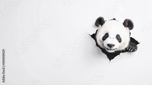 Playful panda cub peeking through torn white paper photo