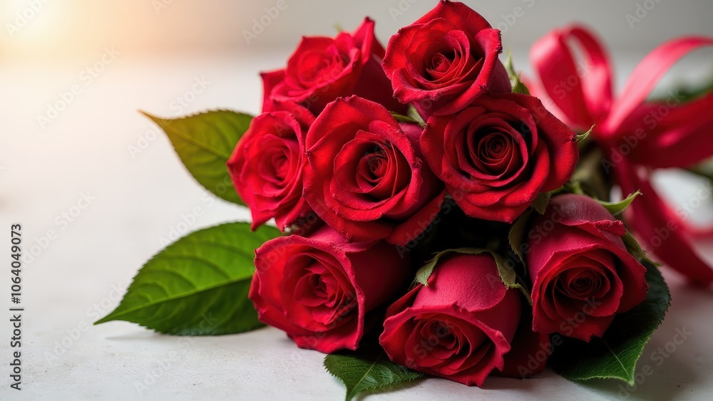 A timeless ramo de rosas with fresh red roses, lush leaves, and a satin ribbon for elegance A timeless ramo de rosas with fresh red roses, lush leaves, and a satin ribbon for elegance