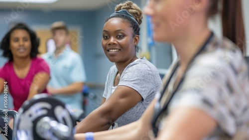 Diverse group enjoying spin class in modern gym setting