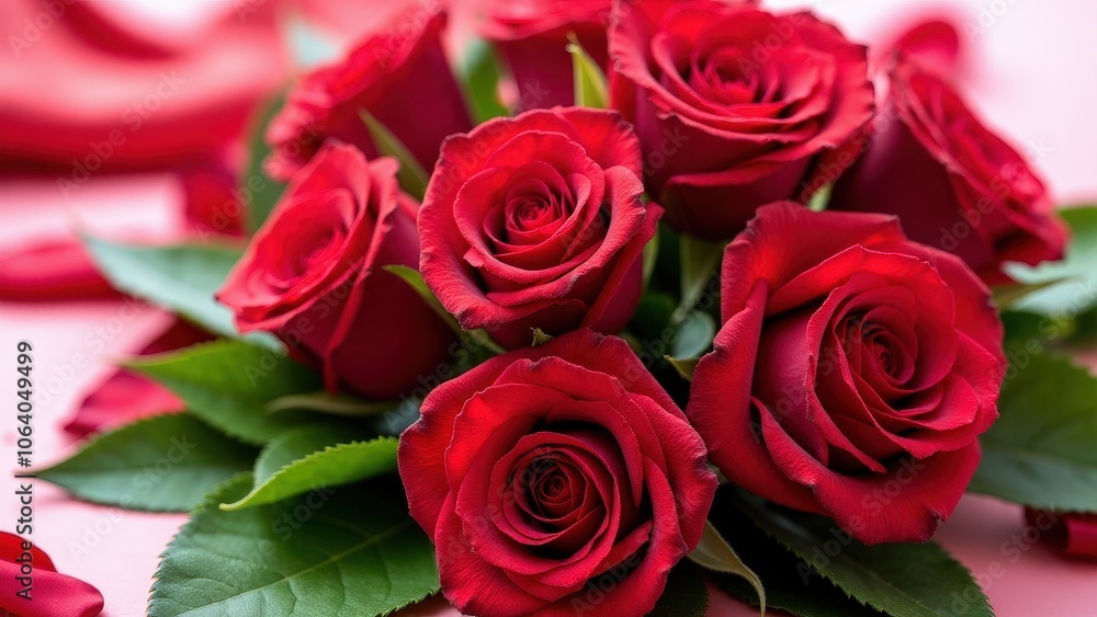 Classic bouquet or ramo de rosas with red roses, arranged with green leaves for a romantic look Classic bouquet or ramo de rosas with red roses, arranged with green leaves for a romantic look