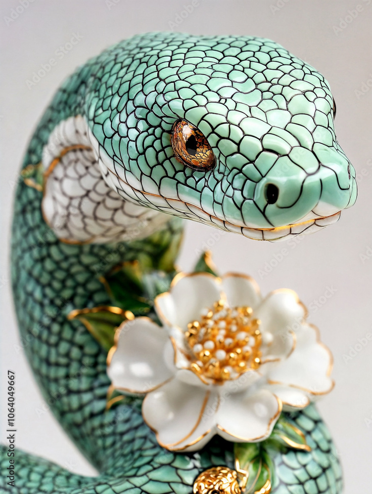 Chinese porcelain figurine of a coiled green and gold snake. 2025 Chinese Lunar Year. Chinese porcelain figurine of a coiled green and gold snake. 2025 Chinese Lunar Year.