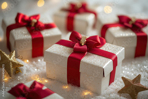 Gift boxes with red bows on white background