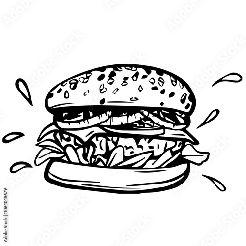 Burger sketch. Hand drawn hamburger illustration in Black and White style. Fast Food Line Art. Vector Cheeseburger painted by black inks. Restaurant business concept