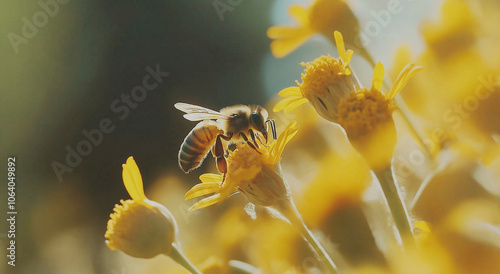 abelha listrada coleta néctar e pólen de flores amarelas banner papel de parede natureza fundo photo