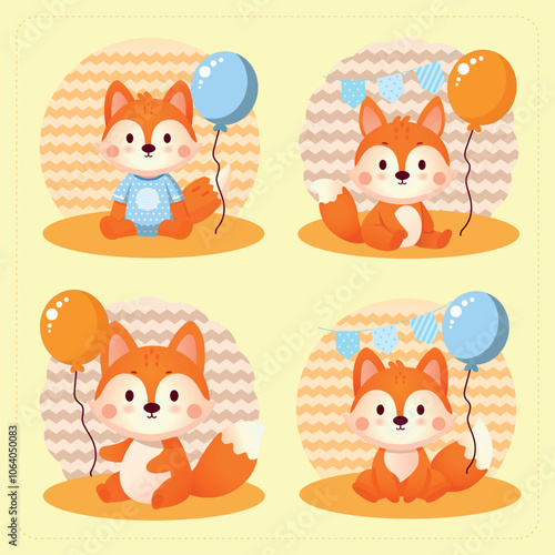 Cartoon, vector, cute fox character, with balloon of children's birthday party.