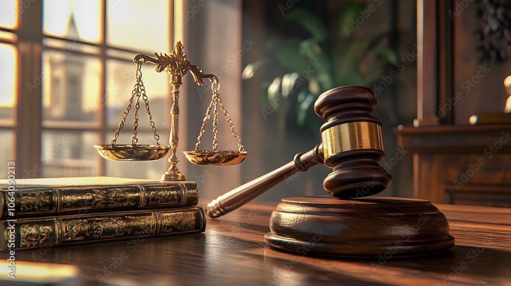 Scales of justice and gavel on a wooden desk in a law office Scales of justice and gavel on a wooden desk in a law office