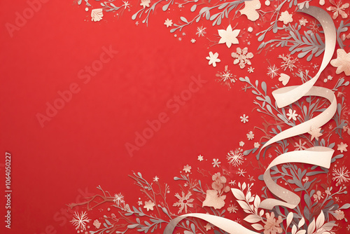 Christmas red background with snowflakes and festive ribbons on the side, copy space