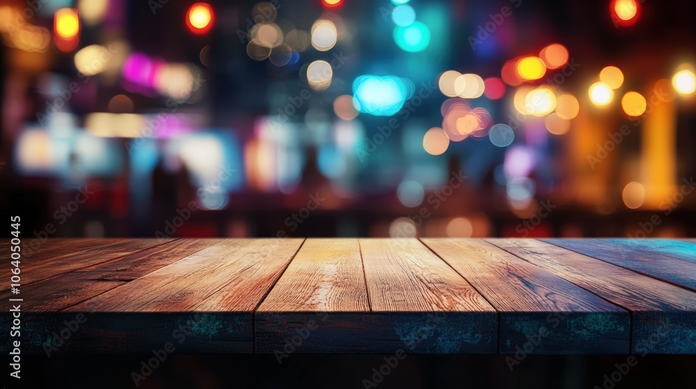 Empty wooden table for product demonstration with blurred disco club background