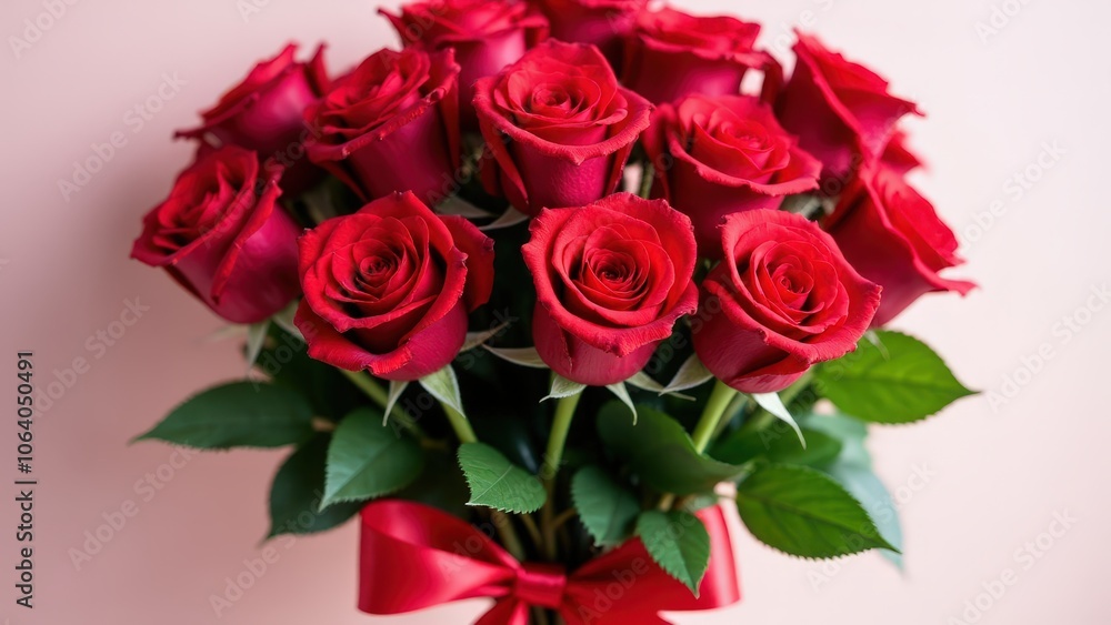 A classic ramo de rosas with bright red roses and green leaves, tied with a satin ribbon for a romantic look A classic ramo de rosas with bright red roses and green leaves, tied with a satin ribbon for a romantic look