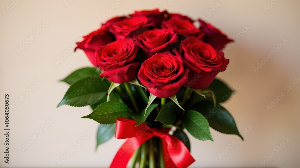 Vibrant ramo de rosas with red roses, green leaves, and a satin ribbon, arranged in a classic, romantic style Vibrant ramo de rosas with red roses, green leaves, and a satin ribbon, arranged in a classic, romantic style