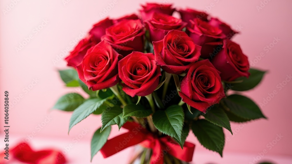 Elegant ramo de rosas featuring lush red roses and green foliage, tied with a satin ribbon for charm Elegant ramo de rosas featuring lush red roses and green foliage, tied with a satin ribbon for charm