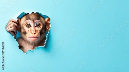 Curious baby monkey peeking through hole in white background photo