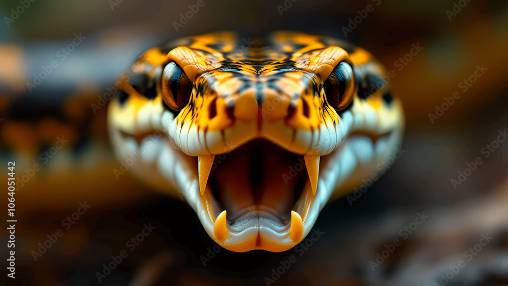 Fototapeta premium Aggressive Snake Displaying Fangs with Intense Expression Against a Blurred Background