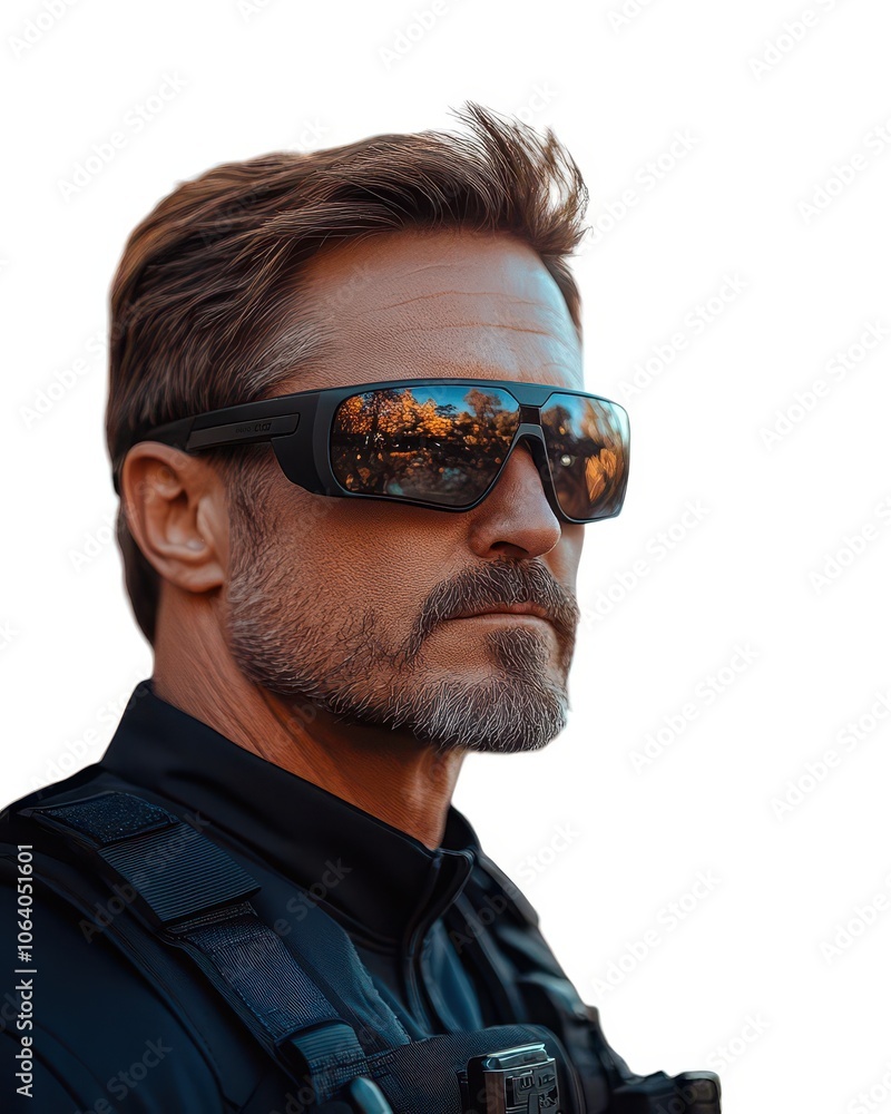 Portrait of Officer Wearing Tactical Gear and Glasses Portrait of Officer Wearing Tactical Gear and Glasses