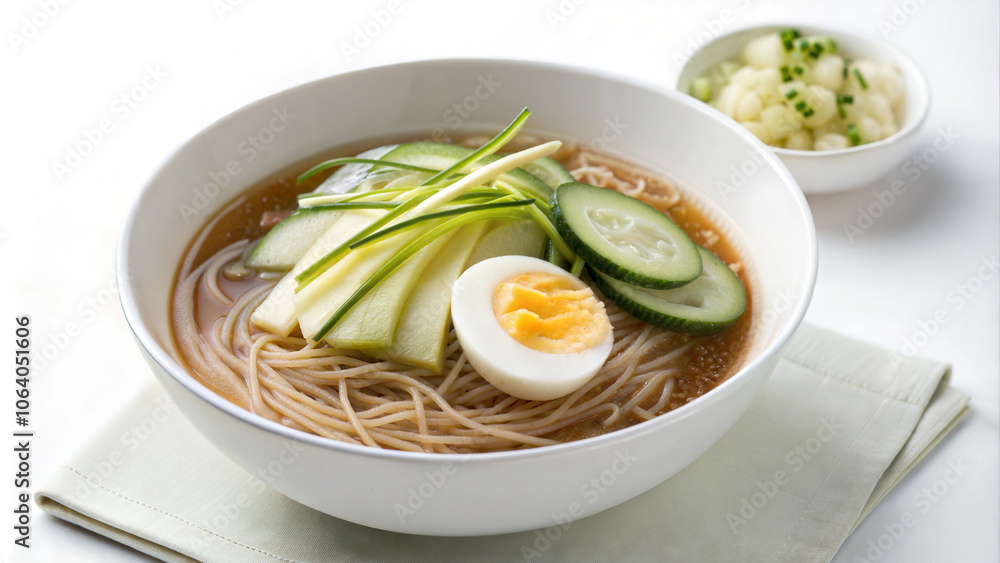 Cold Korean Noodle Soup with Vegetables and Egg in White Bowl Cold Korean Noodle Soup with Vegetables and Egg in White Bowl