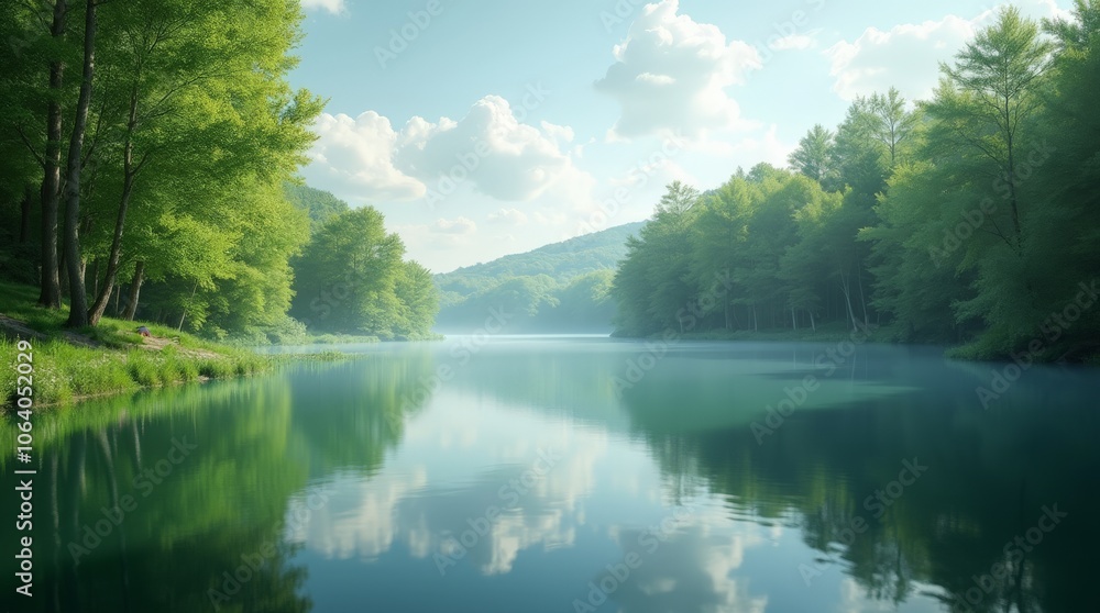 Beautiful Nature Scene with Lush Greenery and Serene Lake Reflecting Trees Beautiful Nature Scene with Lush Greenery and Serene Lake Reflecting Trees