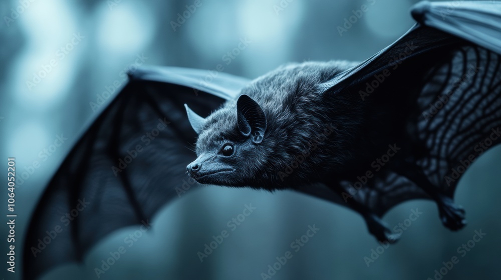 Obraz premium A bat in flight against a blurred forest background, AI