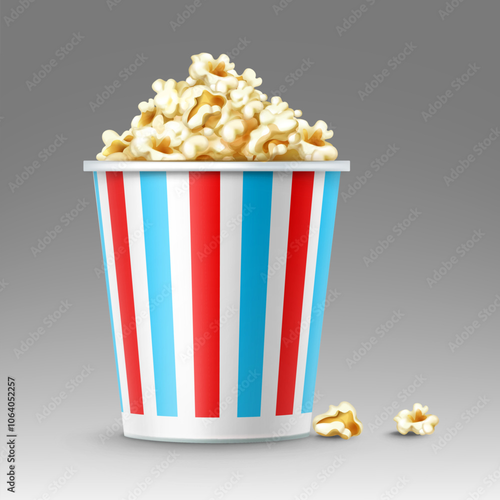 Realistic large cardboard bucket with red and blue stripes filled with popcorn. Premium vector graphics. Snacks for watching a movie or relaxing Realistic large cardboard bucket with red and blue stripes filled with popcorn. Premium vector graphics. Snacks for watching a movie or relaxing