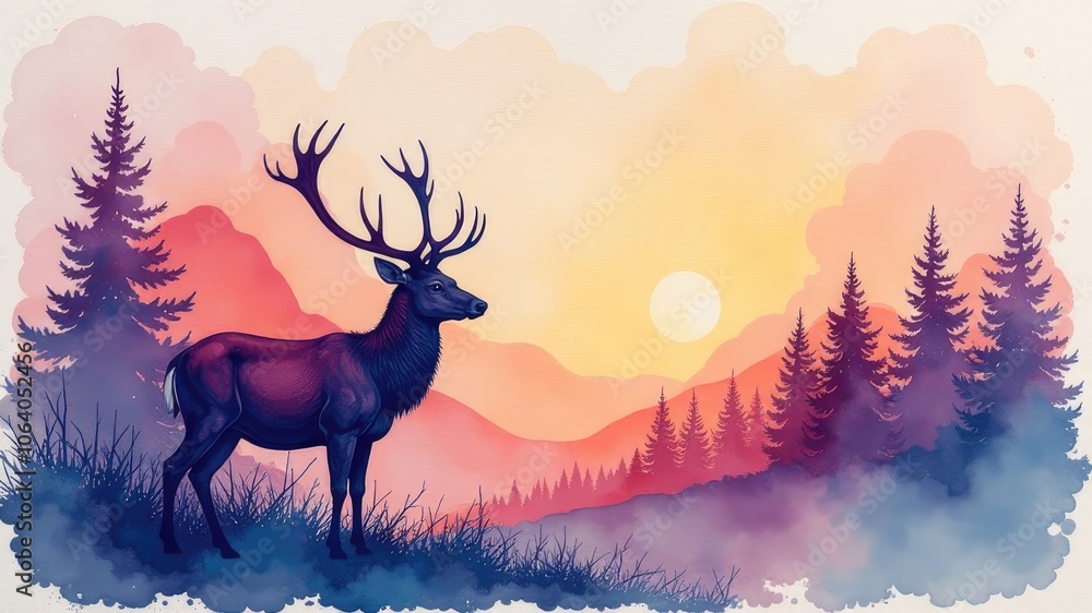 silhouette of a deer against the background of a forest, New Year's landscape, watercolor background. silhouette of a deer against the background of a forest, New Year's landscape, watercolor background.