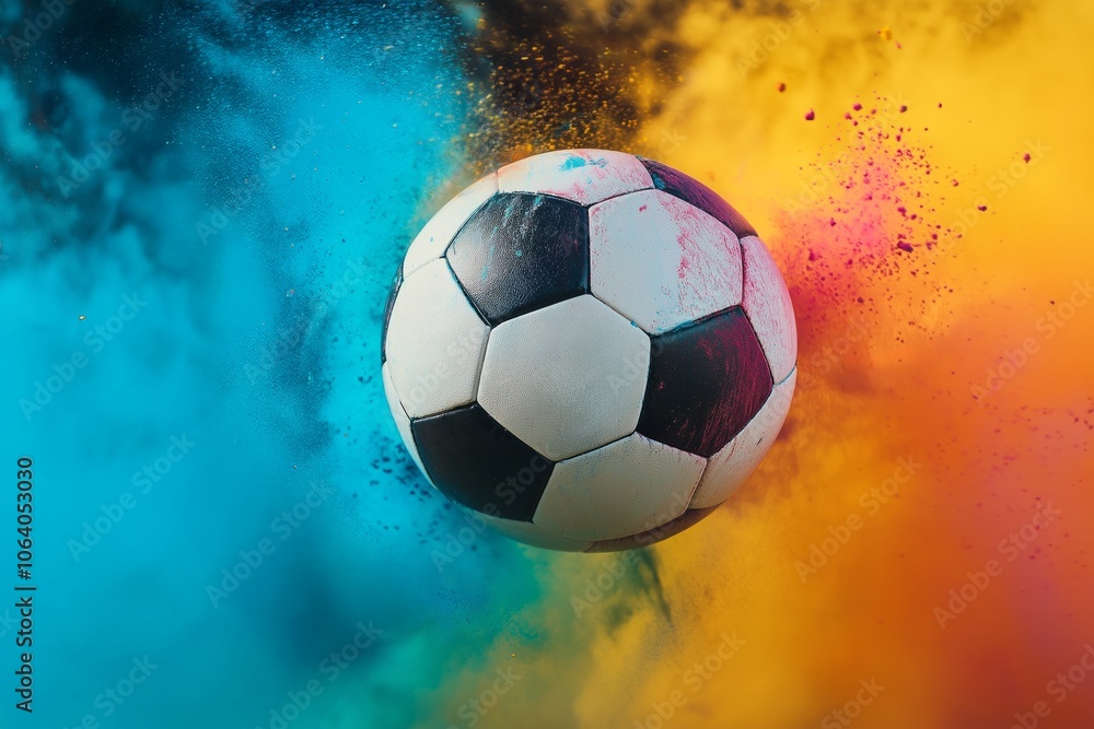 Naklejka premium Soccer ball in mid-air with vibrant color powder explosion on a dynamic blue and orange background. Sports and energy concept