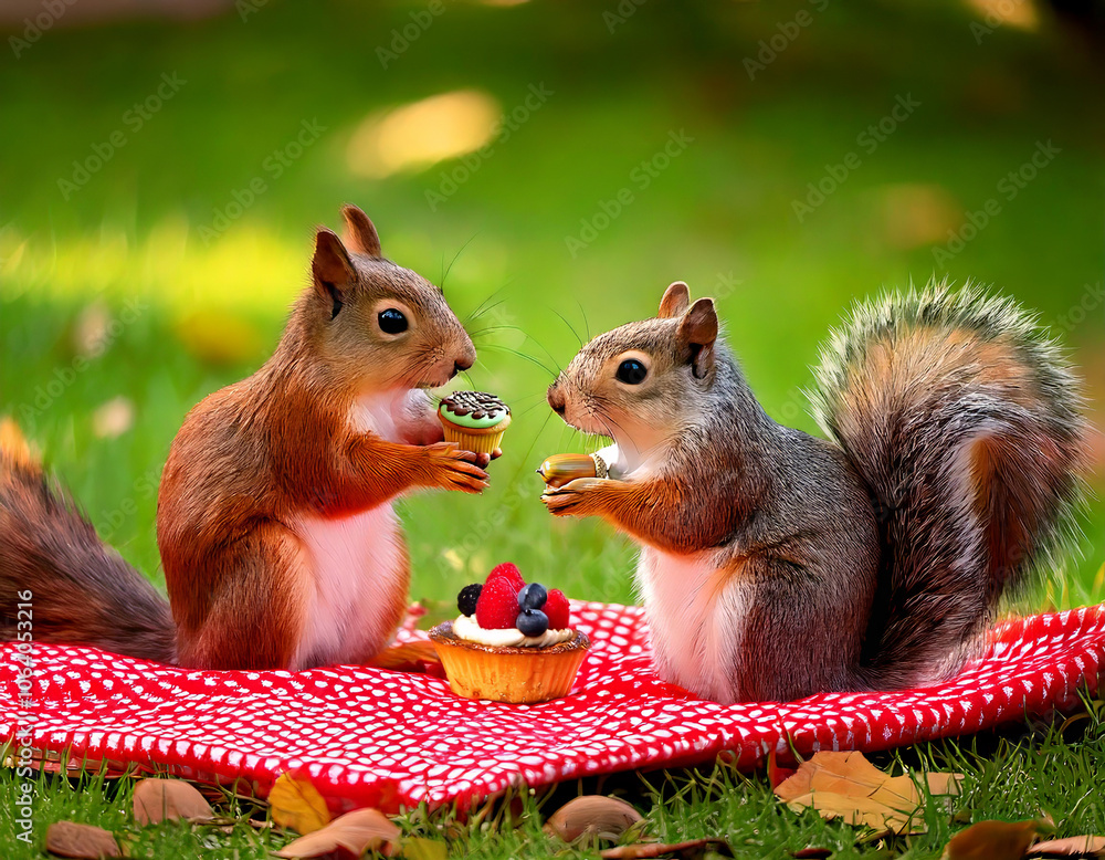Two squirrels are sharing cupcakes during a cheerful picnic on a red and white checkered blanket in a vibrant green meadow Two squirrels are sharing cupcakes during a cheerful picnic on a red and white checkered blanket in a vibrant green meadow